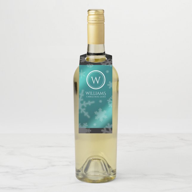 Festivals Light Blue Foil Snowflakes Monogram Name Flaschenanhänger (Auf Flasche)