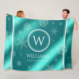 Festivals Light Blue Foil Snowflakes Monogram Name Fleecedecke
