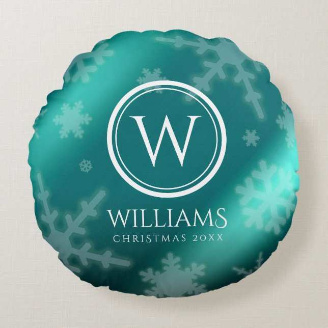 Festivals Light Blue Foil Snowflakes Monogram Name Rundes Kissen (Vorderseite)