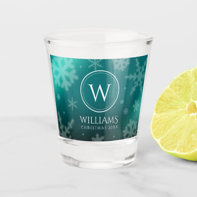 Festivals Light Blue Foil Snowflakes Monogram Name Schnapsglas (Vorderseite)