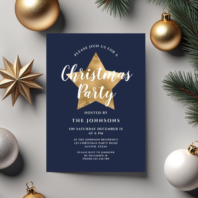 Festivals Navy Blue Gold Star Weihnachten Party Einladung (Festive Navy Blue Gold Star Christmas Party Invitation)