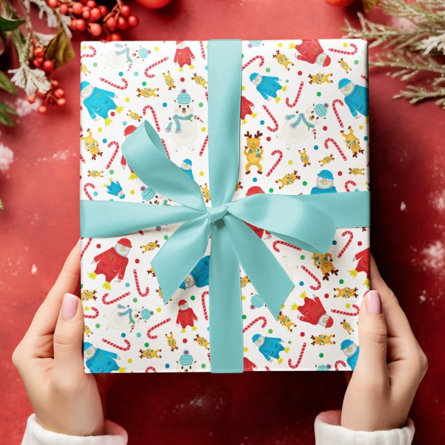 Festivals Pinguin Reindeer Snowman Design Geschenkpapier (Christmas Penguins Reindeer and Polar Bears Wrapping Paper)