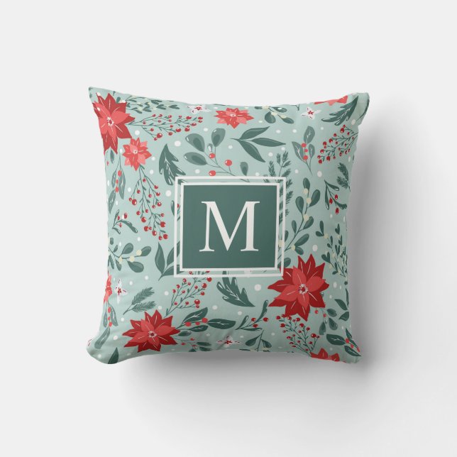 Festivals Poinsettias und Holly Berries Monogram T Kissen (Vorderseite)