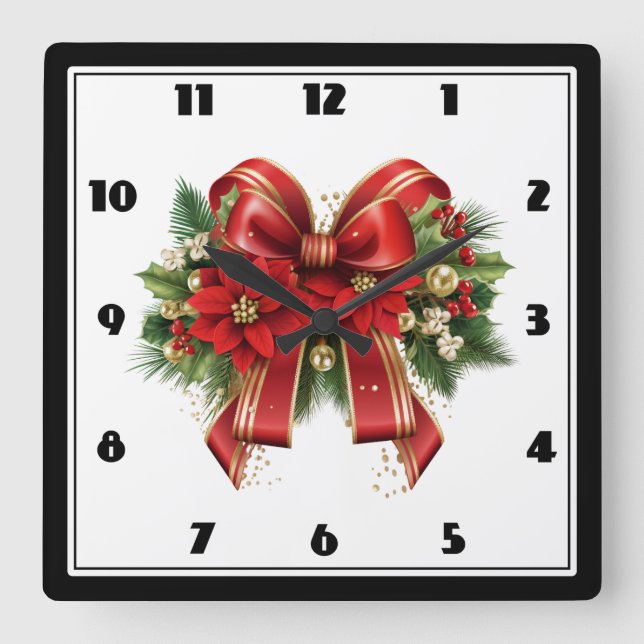 Festivals Red and Gold Weihnachtsbow Quadratische Wanduhr (Vorderseite)