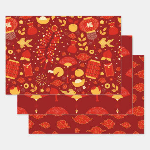 Festivals Red & Gold Chinesische Neujahrssymbole Geschenkpapier Set
