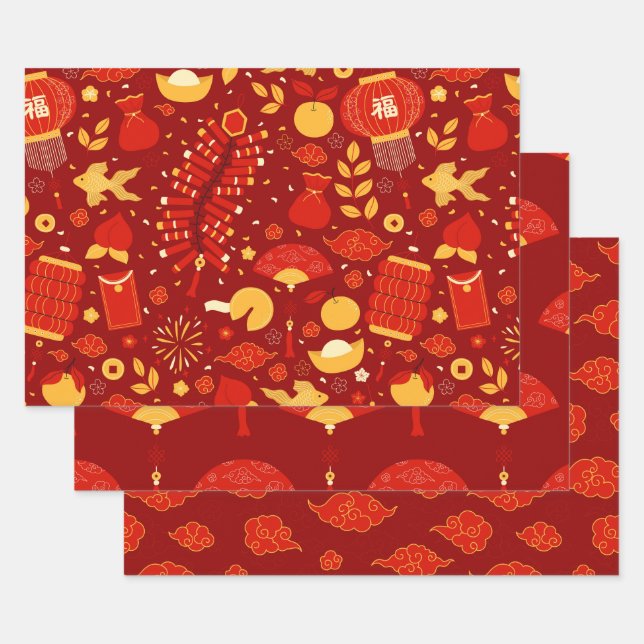 Festivals Red & Gold Chinesische Neujahrssymbole Geschenkpapier Set (Set)