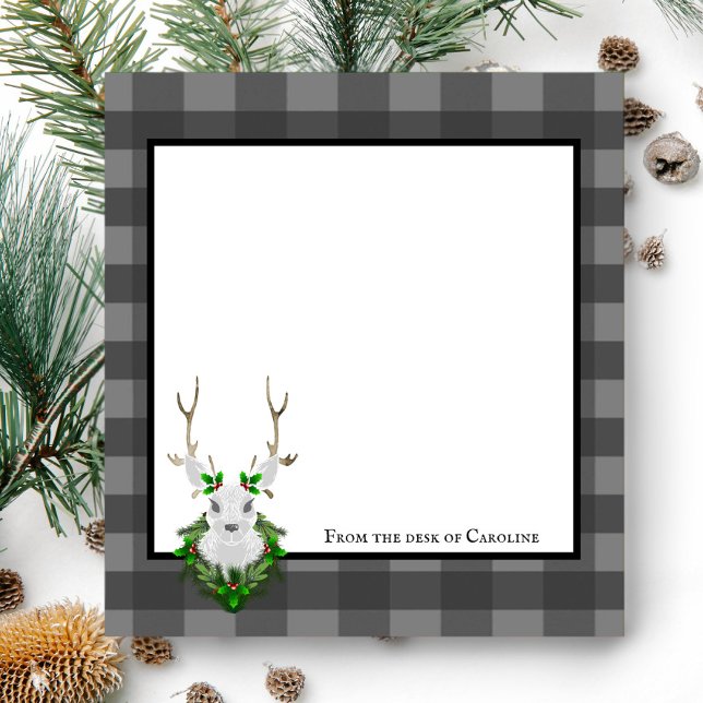 Festivals Reindeer Buffalo Kariert Personalisiert Notizblock (Gray Festive Reindeer Buffalo Plaid Personalized Notepad)