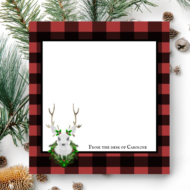 Festivals Reindeer Buffalo Kariert Personalisiert Notizblock (Black and Red Festive Reindeer Buffalo Plaid Personalized Notepad)