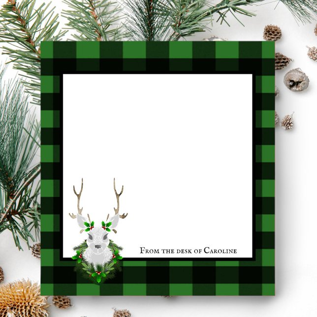Festivals Reindeer Buffalo Kariert Personalisiert Notizblock (Black and Green Festive Reindeer Buffalo Plaid Personalized Notepad)
