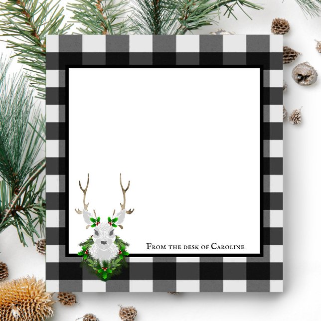 Festivals Reindeer Buffalo Kariert Personalisiert Notizblock (Black and White Festive Reindeer Buffalo Plaid Personalized Notepad)