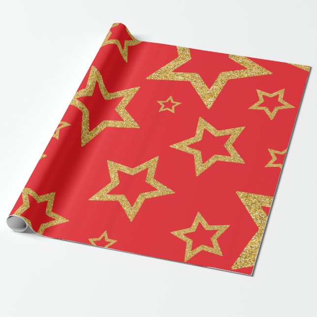 Festivals Rot und Gold Star Geschenkpapier (Ungerollt)