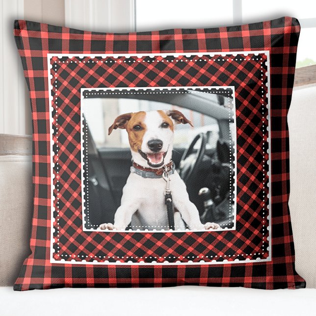 Festivals Roter Karierter Hund Foto Kissen (Red Plaid Kids Photo Holiday Christmas Throw Pillow)