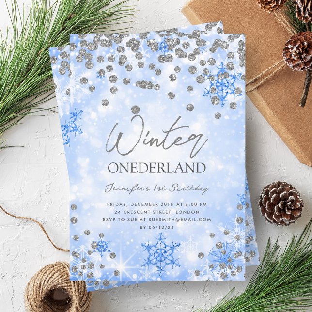 Festivals Silver Blue Winter ONEDERLAND 1. Geburts Einladung (Festive Silver Blue Winter ONEDERLAND 1st Birthday Invitation)