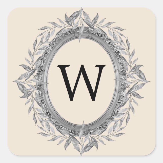 Festivals Silver Gray Blätter Wreath Monogram Quadratischer Aufkleber (Vorderseite)