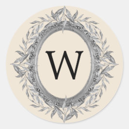 Festivals Silver Gray Blätter Wreath Monogram Runder Aufkleber