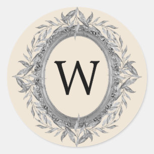 Festivals Silver Gray Blätter Wreath Monogram Runder Aufkleber