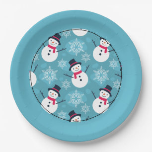 Festivals Snowman auf blauem Muster Pappteller