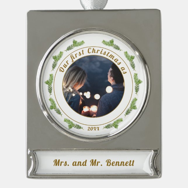 Festivals Unser erstes Weihnachtsskript-Foto Banner-Ornament Silber (Vorderseite)