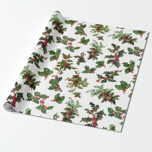 Festivals Vintag Style Holly Geschenkpapier (Ungerollt)