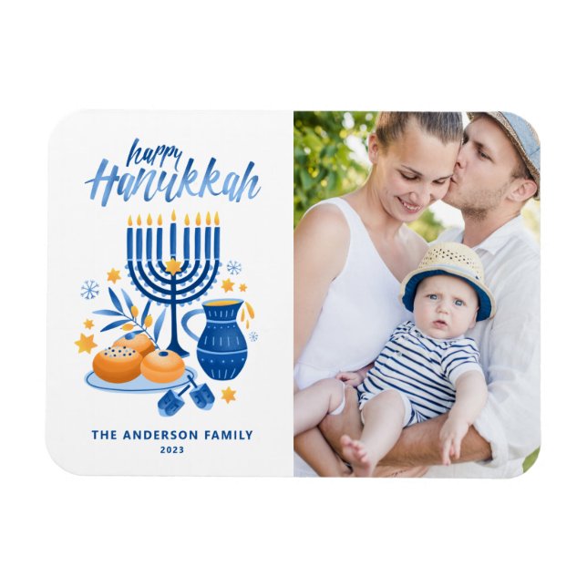 Festivals Wasserfarbe Menorah Happy Hanukkah Foto Magnet (Horizontal)