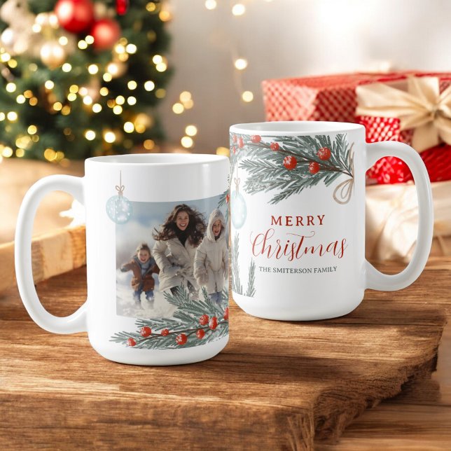 Festivals Wasserfarbe Rotes grünes Foto Frohe Weih Kaffeetasse (Festive Watercolor Red Green photo Merry Christmas Coffee Mug)