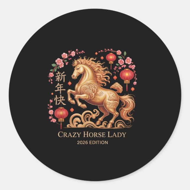 Festive 2026 New Year Crazy Horse Lady Fortune Cow Runder Aufkleber (Vorderseite)