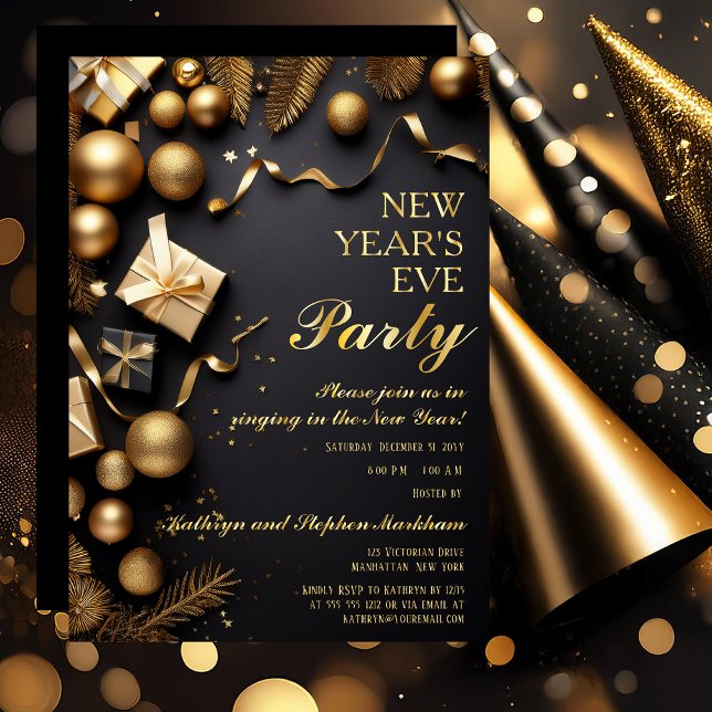 Festive Baubles Black Gold New Years Eve Party Folieneinladung (Festive Baubles Black and Gold Tone with Real Gold Foil Text New Year's Eve Party Invitation)