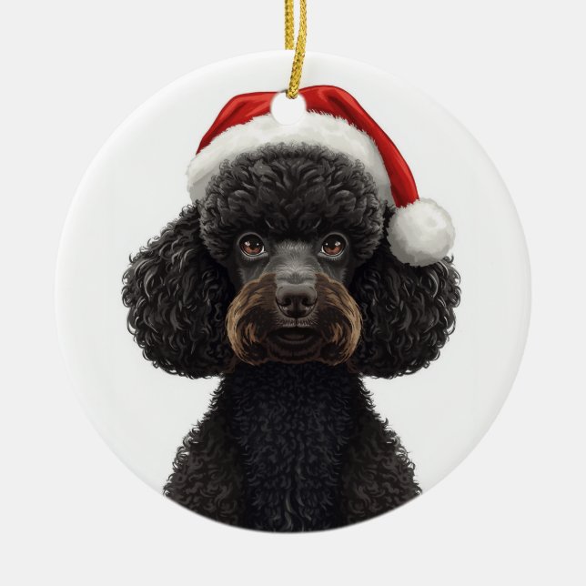 Festive Black Poodle Dog in Santa Hat Illustration Keramik Ornament (Vorne)