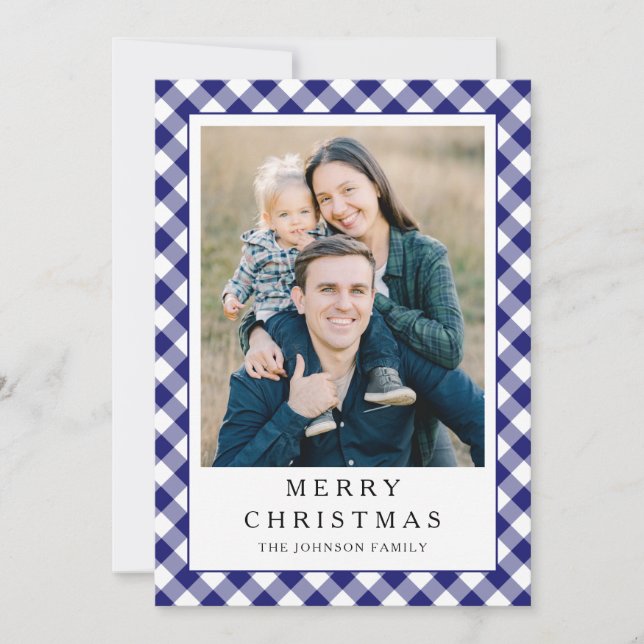 Festive Blue Gingham Photo Christmas Feiertagskarte (Vorderseite)