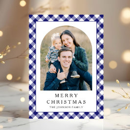 Festive Blue Gingham Photo Christmas Feiertagskarte