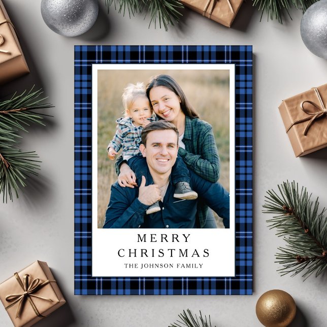 Festive Blue Plaid Photo Christmas Feiertagskarte (Festive Blue Plaid Photo Christmas Holiday Card)