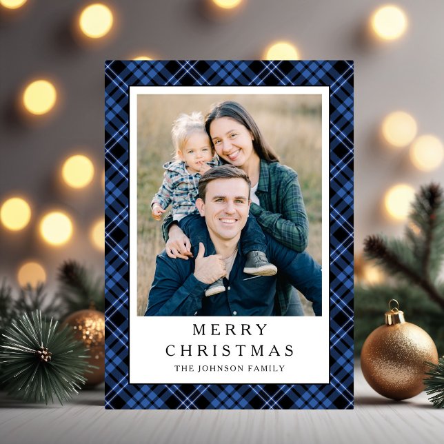 Festive Blue Plaid Photo Christmas Feiertagskarte (Festive Blue Plaid Photo Christmas Holiday Card)