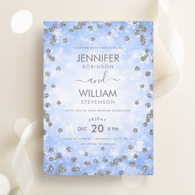 Festive Blue Silver Elegante Winterhochzeit Einladung (Festive Blue Silver Elegant Winter Wedding Invitation)
