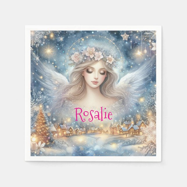 Festive Blue Watercolor Ethereal Frost Snow Angel Serviette (Vorderseite)