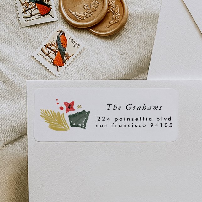 Festive Botanical Holiday Return Address Label (Festival watercolor botanical return address label.)