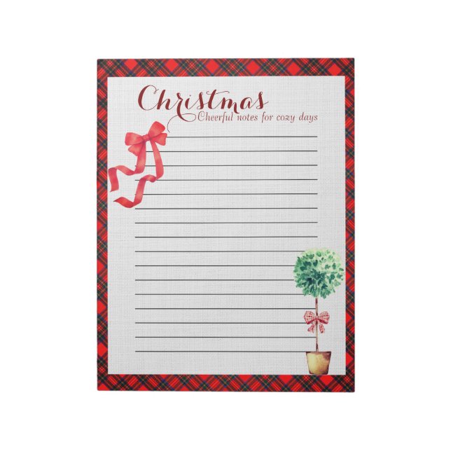 Festive Botanical Rustic Christmas Plaid Red Bow Notizblock (Rotiert)