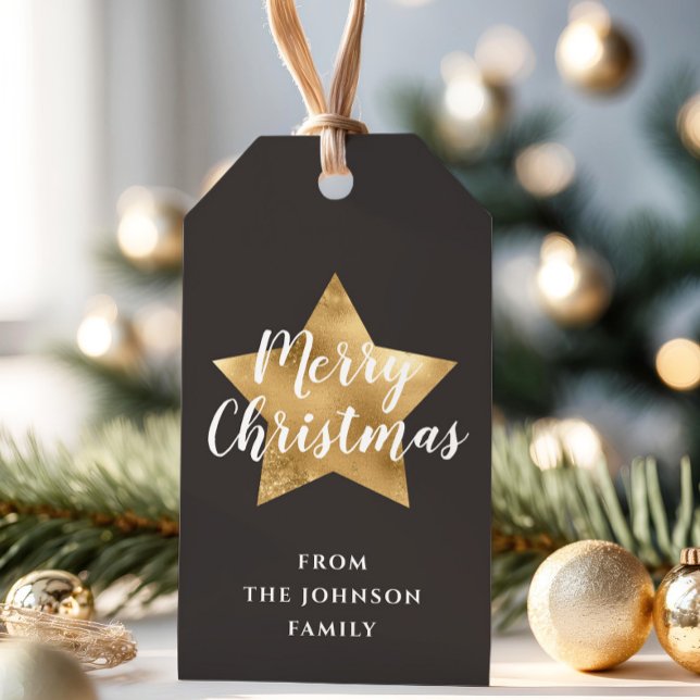 Festive Brown Gold Star Frohe Weihnachten Geschenkanhänger (Modern Brown Gold Star Merry Christmas Gift Tags)