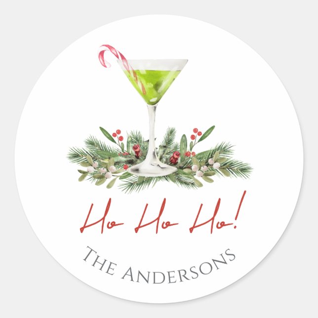 Festive Candy Cane Cocktail Martini and Mistletoe  Runder Aufkleber (Vorderseite)