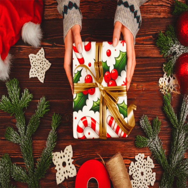 Festive Candy Cane & Holly Christmas Wrapping Pape Geschenkpapier (Von Creator hochgeladen)