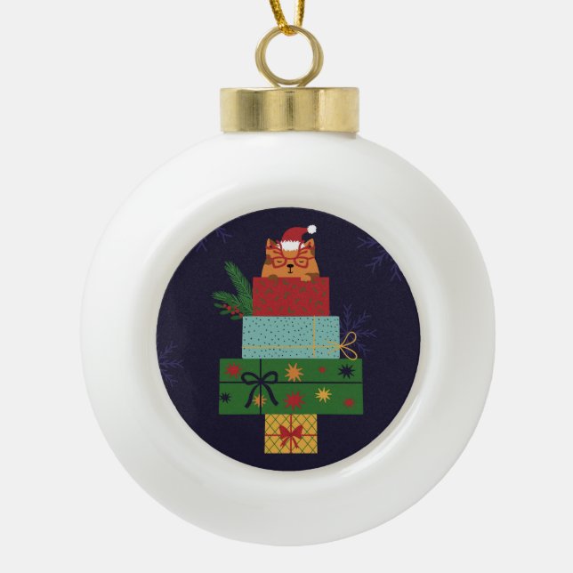 Festive Cat in Gift Stack Ornament (Vorderseite)