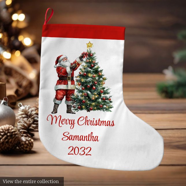 Festive Chic Santa Claus Red White Rustic Holiday Großer Weihnachtsstrumpf (Festive Santa Claus Red White Rustic Holiday Stocking)