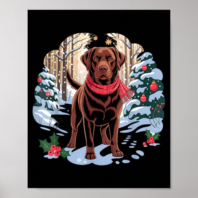 Festive Chocolate Lab In Snowy Forest Winter Xmas  Poster (Vorne)