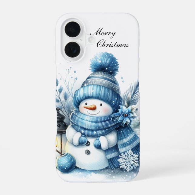 Festive Christmas blue snowman customizable  iPhone 16 Hülle (Rückseite)