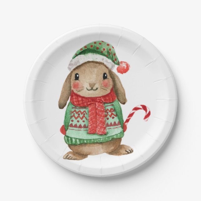 Festive christmas bunny with candy cane pappteller (Vorderseite)