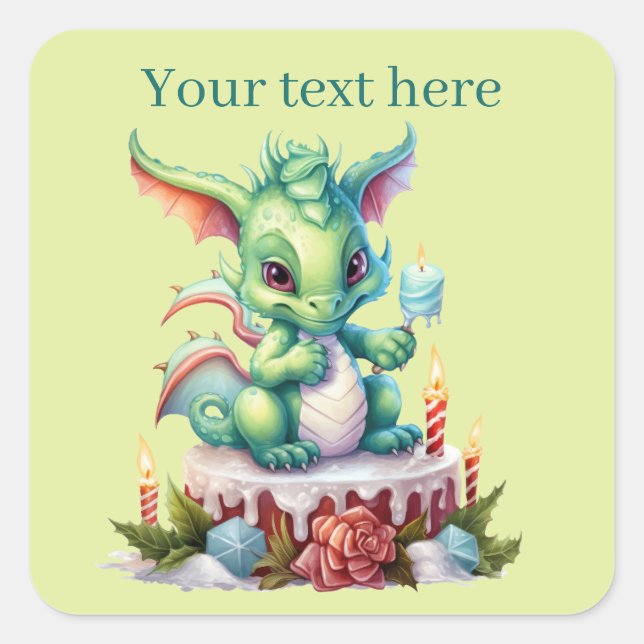 festive Christmas dragon Birthday cake add text  Quadratischer Aufkleber (Vorderseite)