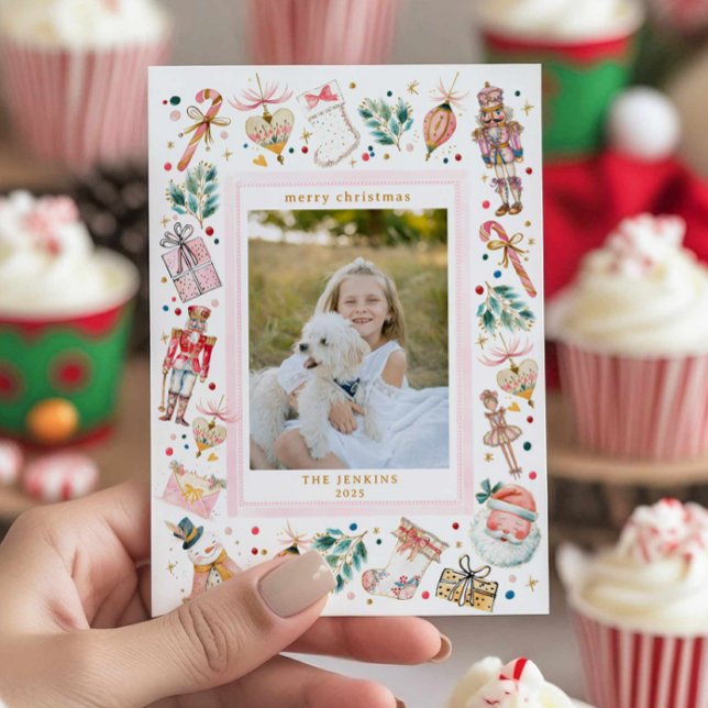 Festive Christmas Family Photo Card Einladung (Fun Pink Christmas Photo Card)