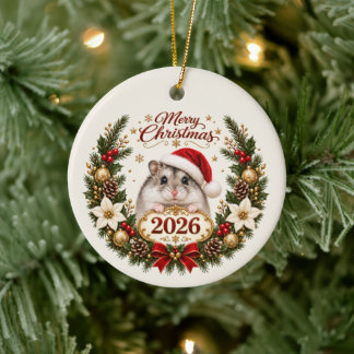 Festive Christmas Hamster in Santa Hat with 2026 Keramik Ornament