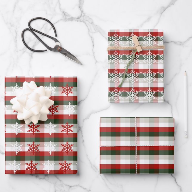 Festive Christmas, Holiday Plaid & Snowflake Geschenkpapier Set (Vorderseite)