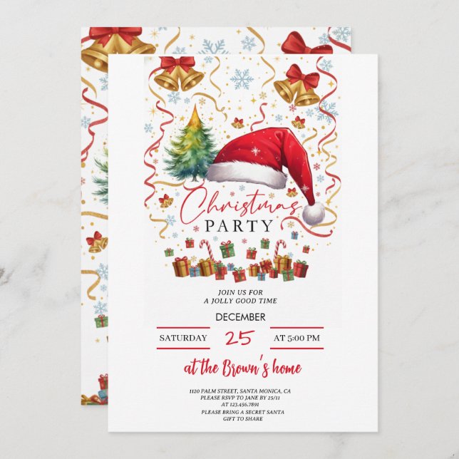 Festive Christmas Party Invitation Red Santa Hat Einladung (Vorne/Hinten)