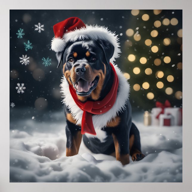 Festive Christmas Rottweiler Dog with Santa Hat  Poster (Vorne)